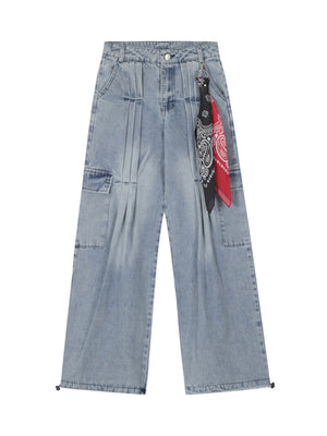 Side-Scarf Pleated Baggy Jeans - Goatlv