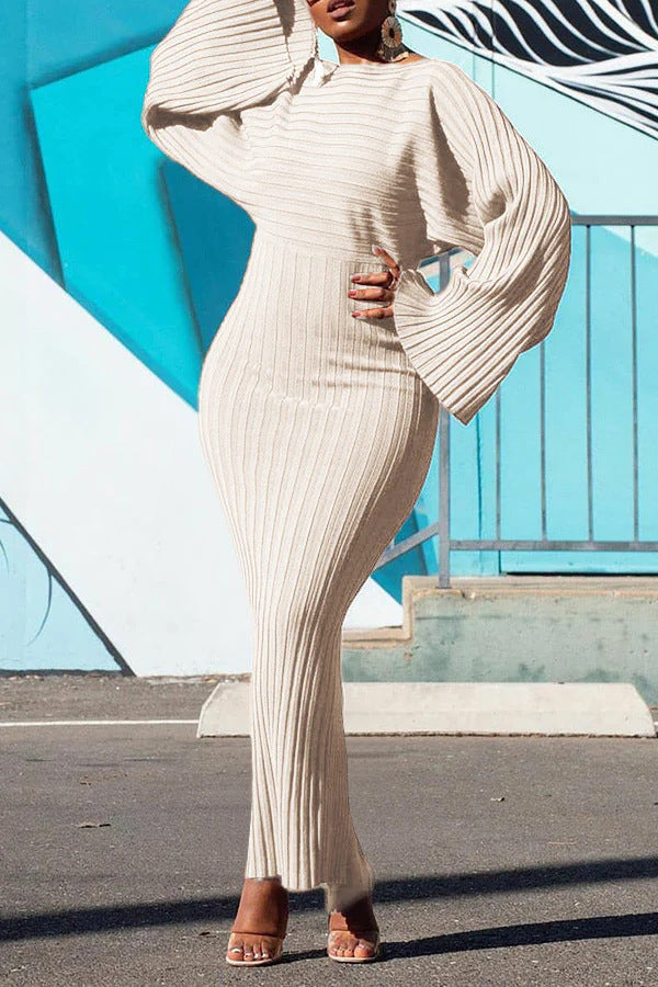 European And American Winter Long Sleeve Solid Color Rib Fabric Sheath Dress Nyzzle