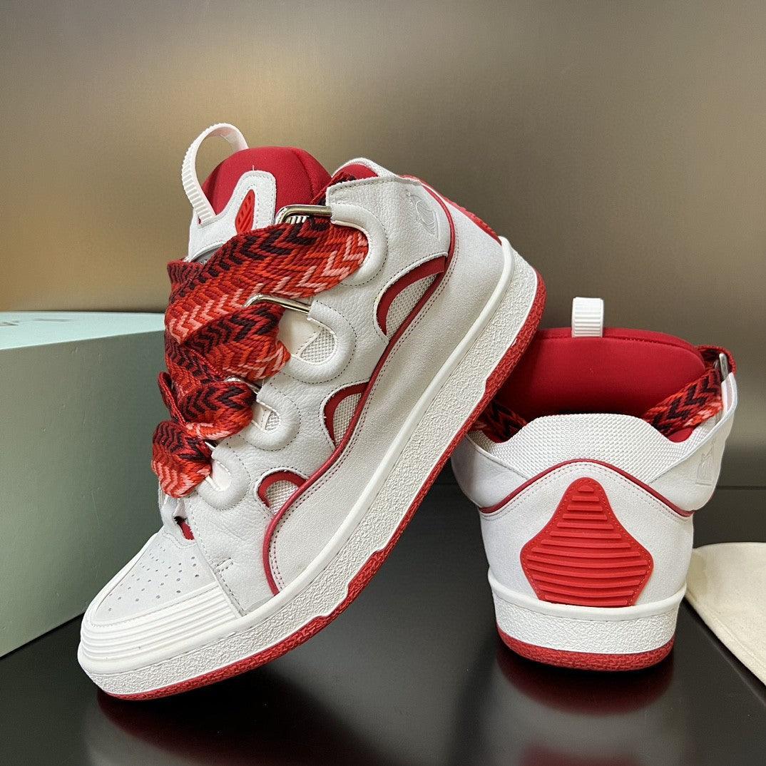 Premium Women Leather Curb Sneaker white red Luxury Snickers