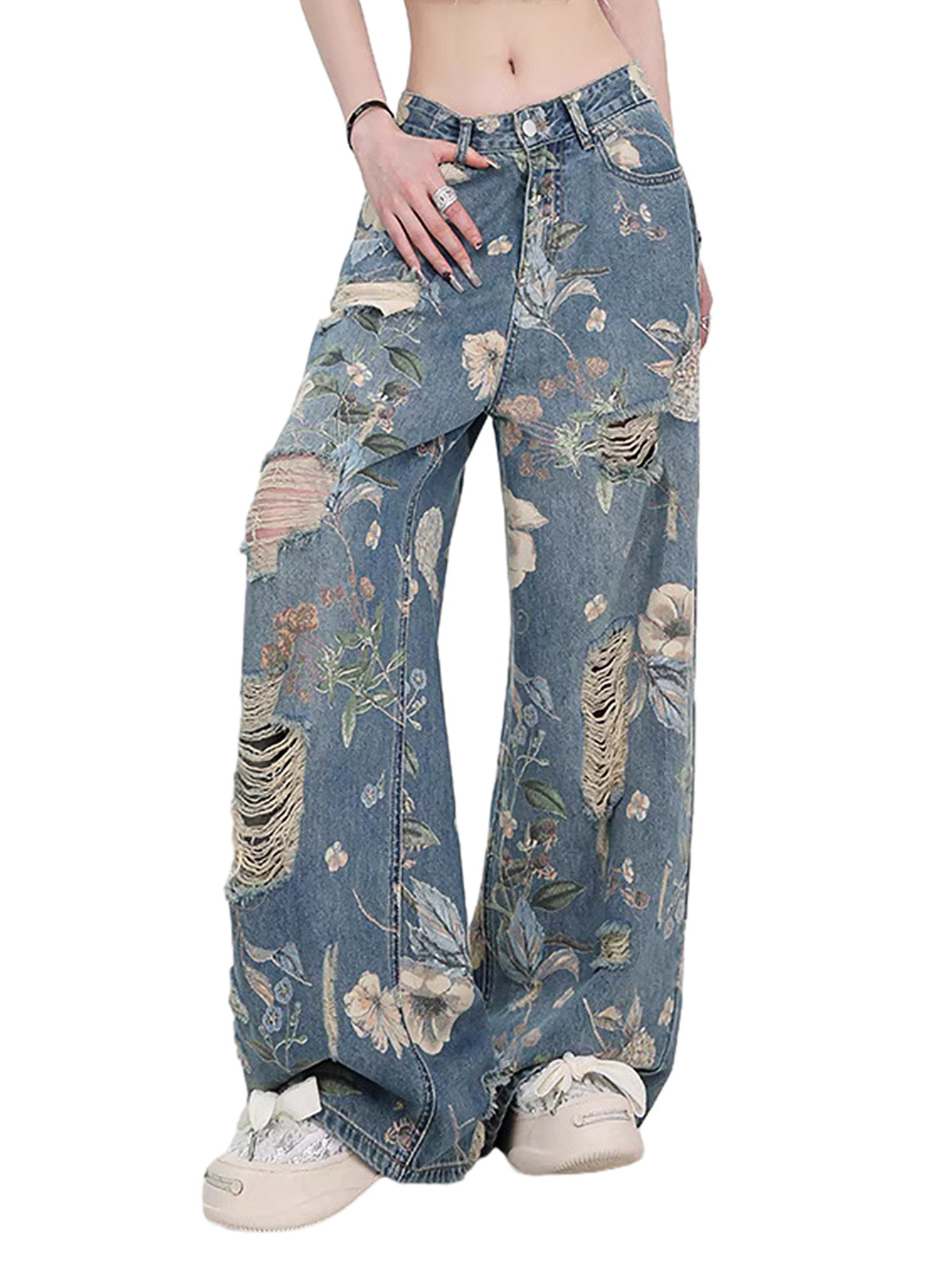Vintage Washed Distressed Floral Ripped Baggy Jeans - Goatlv