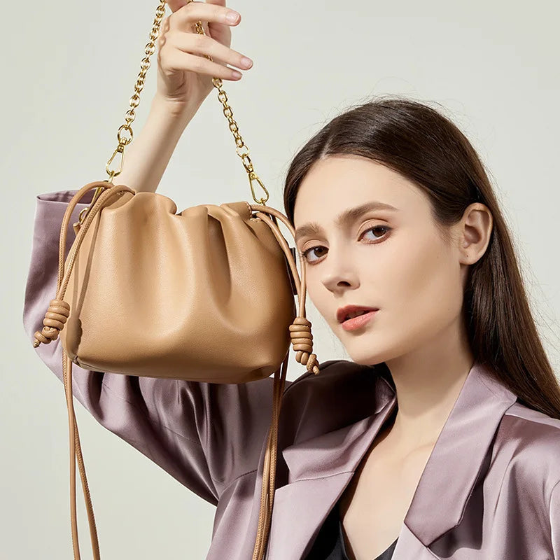 Leather Cloud Chain Handbag - Small Luxury Pleated Bucket Bag Trendha