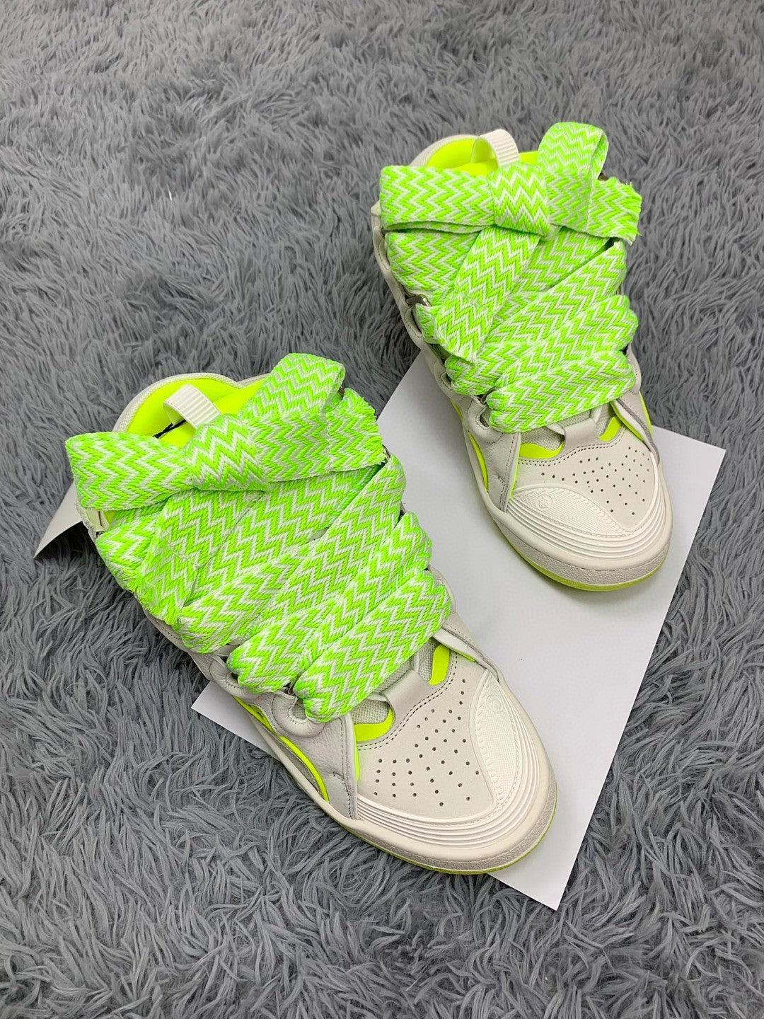 Premium  Women Leather Curb Sneaker white fluorescent yellow Luxury Snickers