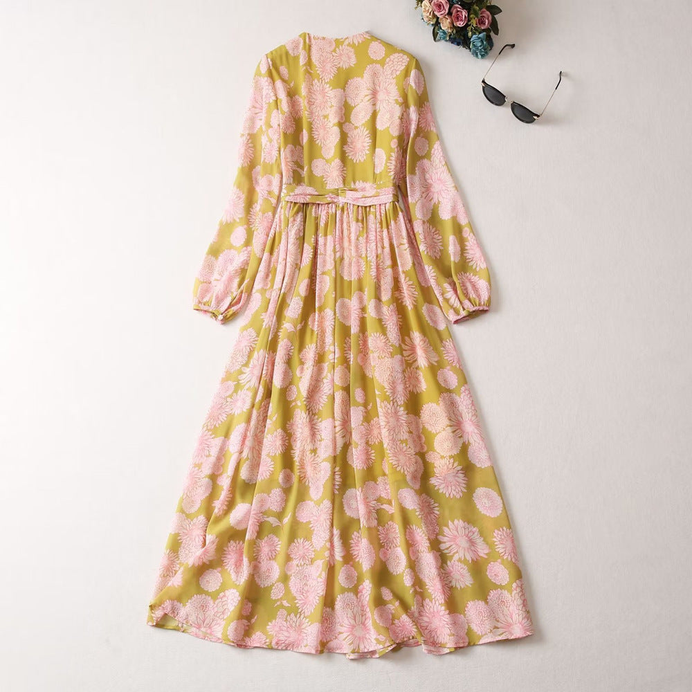 Women's Round Neck Tied Lantern Long Sleeve Dress Nyzzle