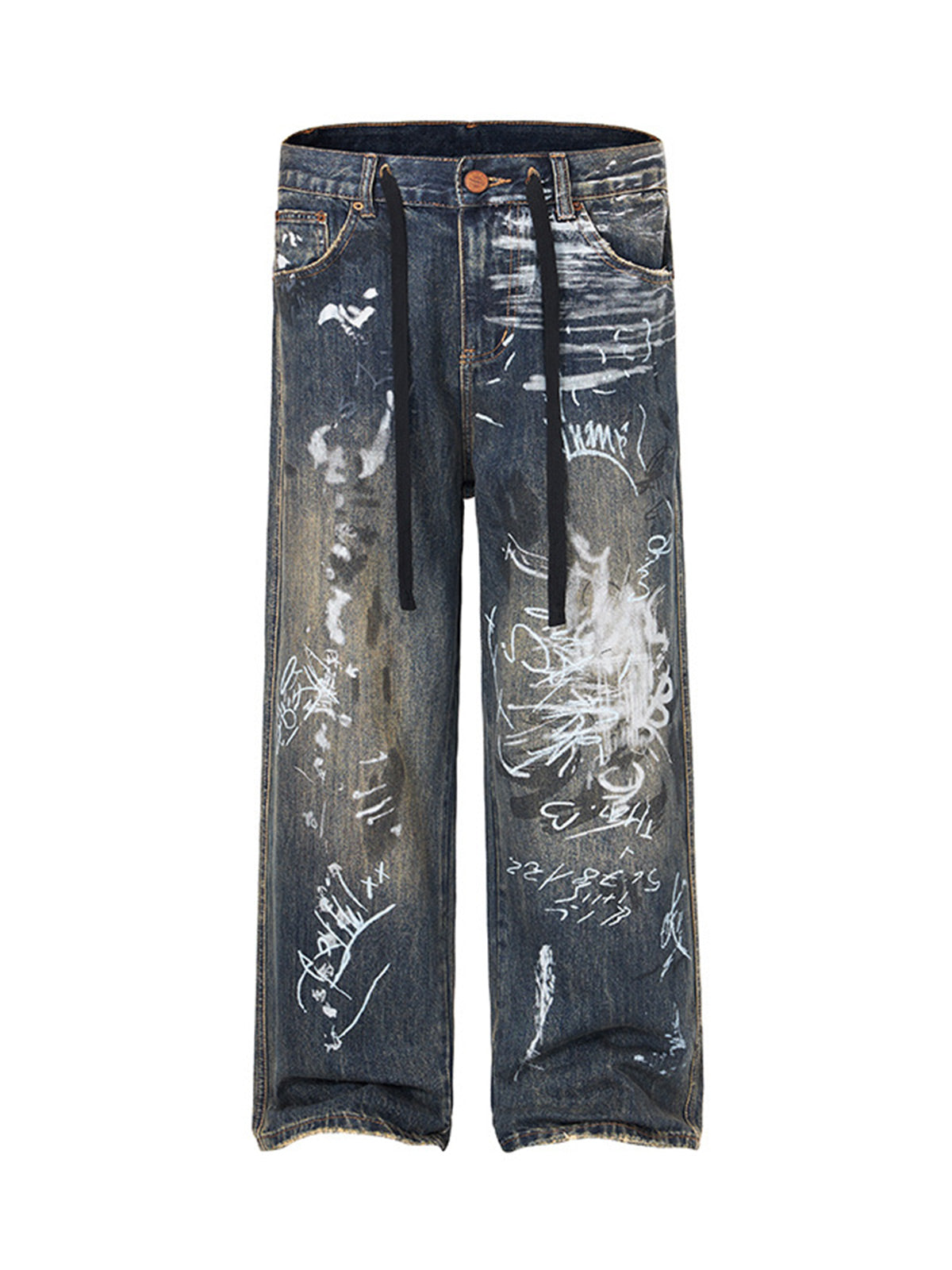 Print Hand-Painted Graffiti Drawstring Baggy Jeans - Goatlv