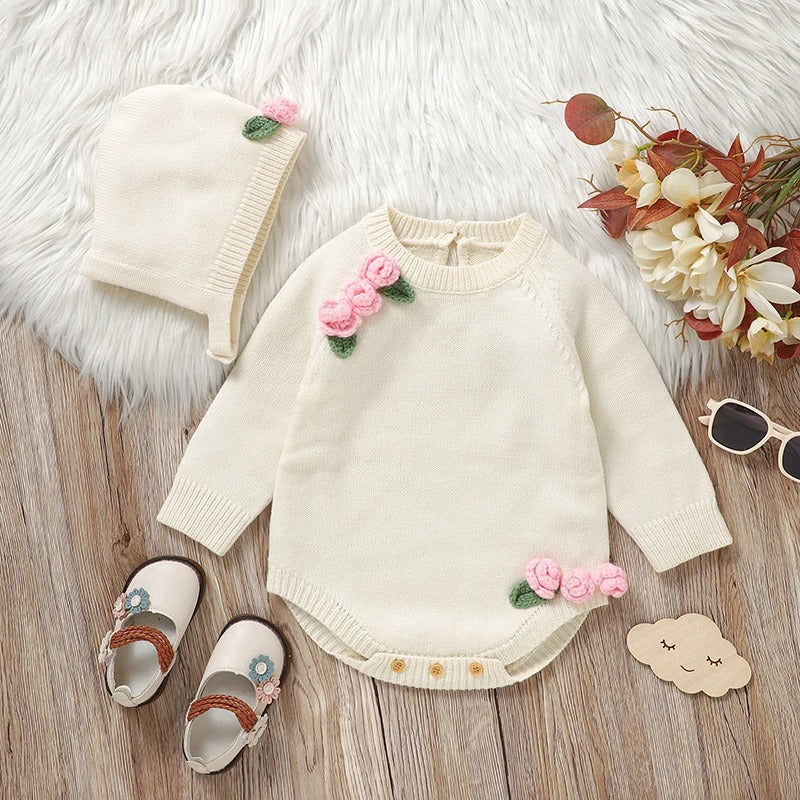 Newborn Baby Girl Long Sleeve Knit Bodysuit with 3D Floral Hat – 2pc Outfit Set Trendha