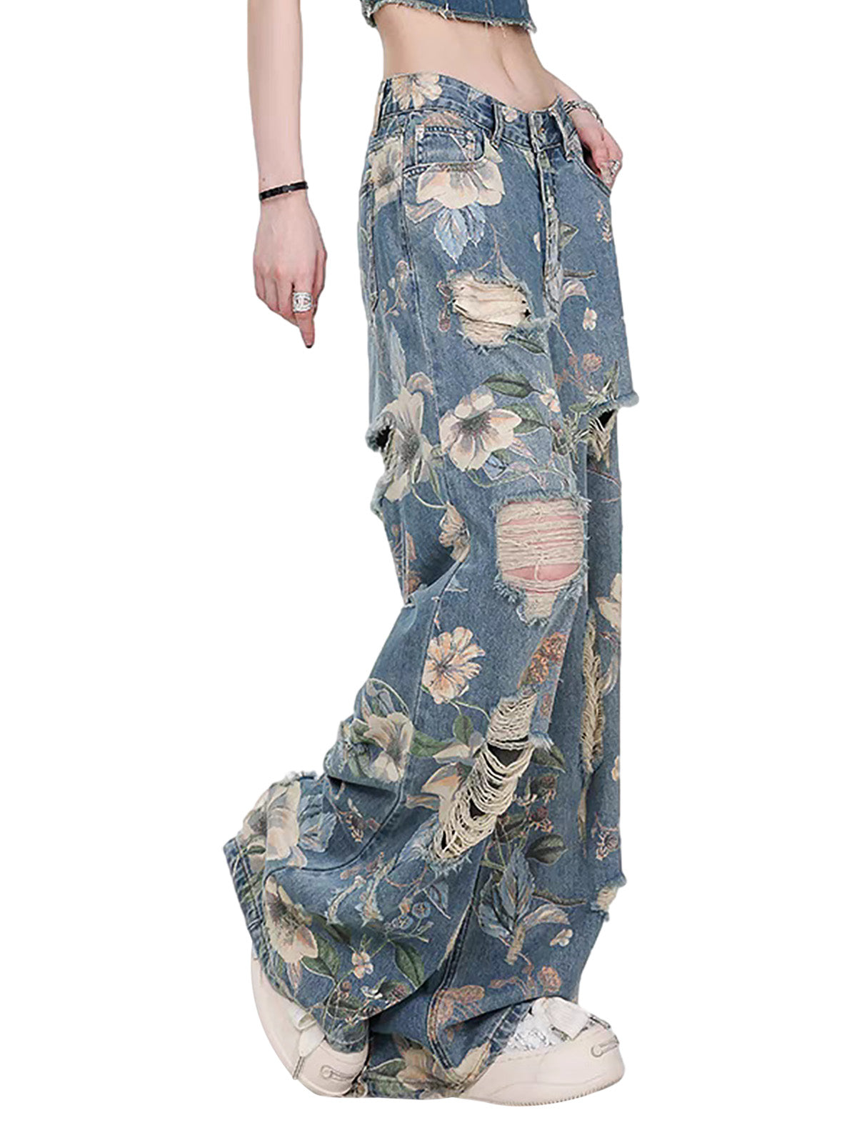 Vintage Washed Distressed Floral Ripped Baggy Jeans - Goatlv