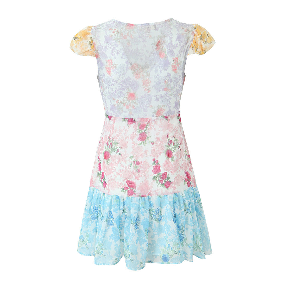 Printed Chiffon Stitching Mini V-neck Dress Nyzzle