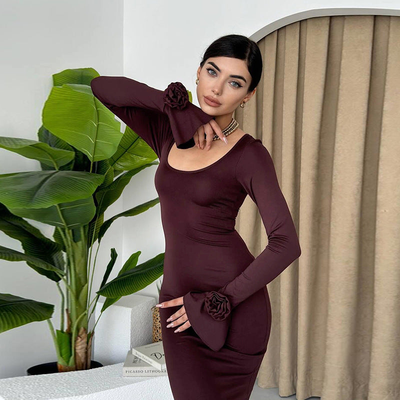 Round Neck Rose Long Sleeve Dress Women Nyzzle