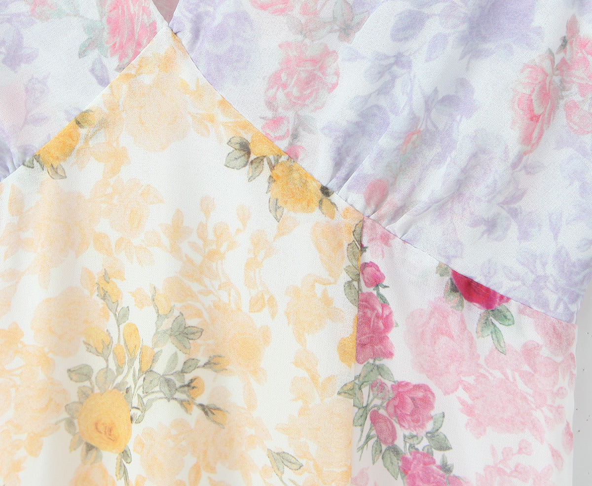 Printed Chiffon Stitching Mini V-neck Dress Nyzzle