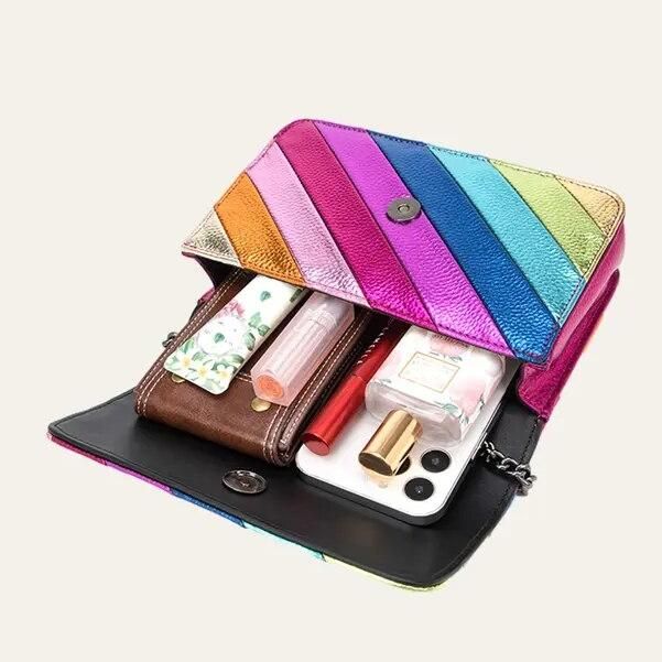 Colorful Striped Flap Handbag with Metal Chain Trendha