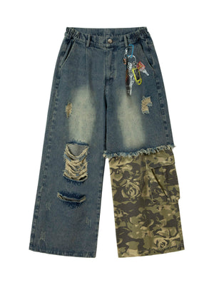 Camouflage Patchwork Workwear Straight Jeans - Goatlv