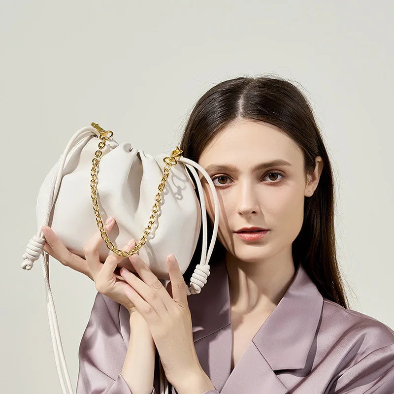 Leather Cloud Chain Handbag - Small Luxury Pleated Bucket Bag Trendha