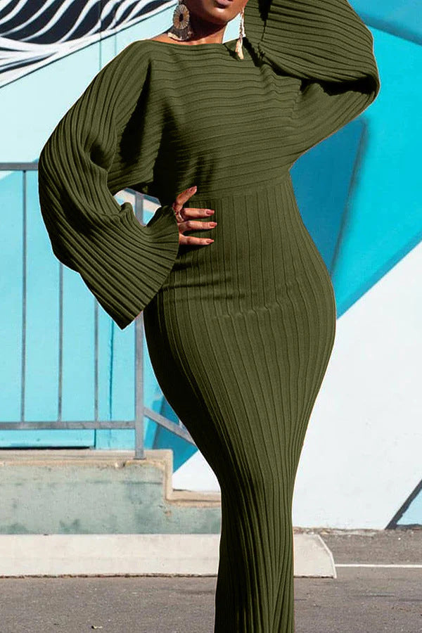 European And American Winter Long Sleeve Solid Color Rib Fabric Sheath Dress Nyzzle