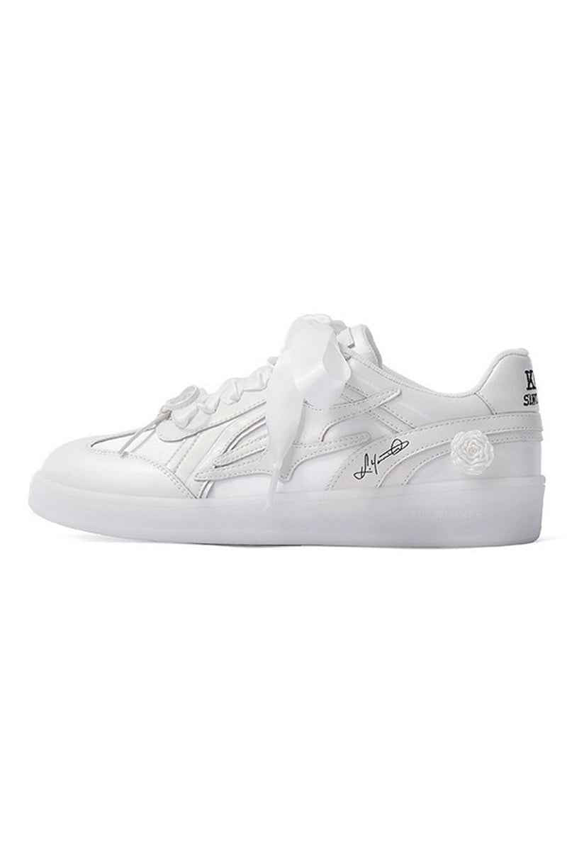 All White Low-Top Sneakers with Satin Laces