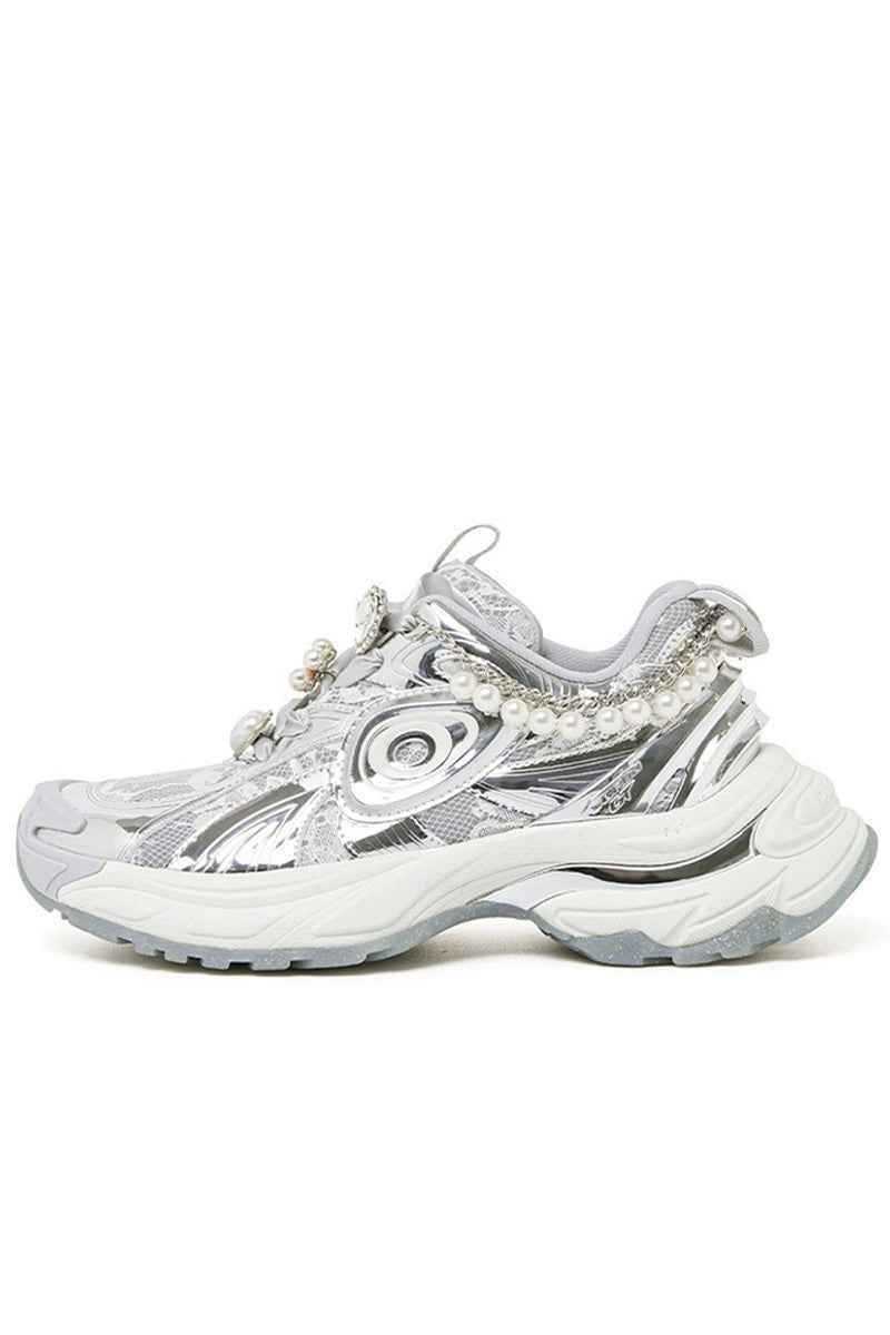 Pearl Decorated Metallic Chunky Sneakers Silver White