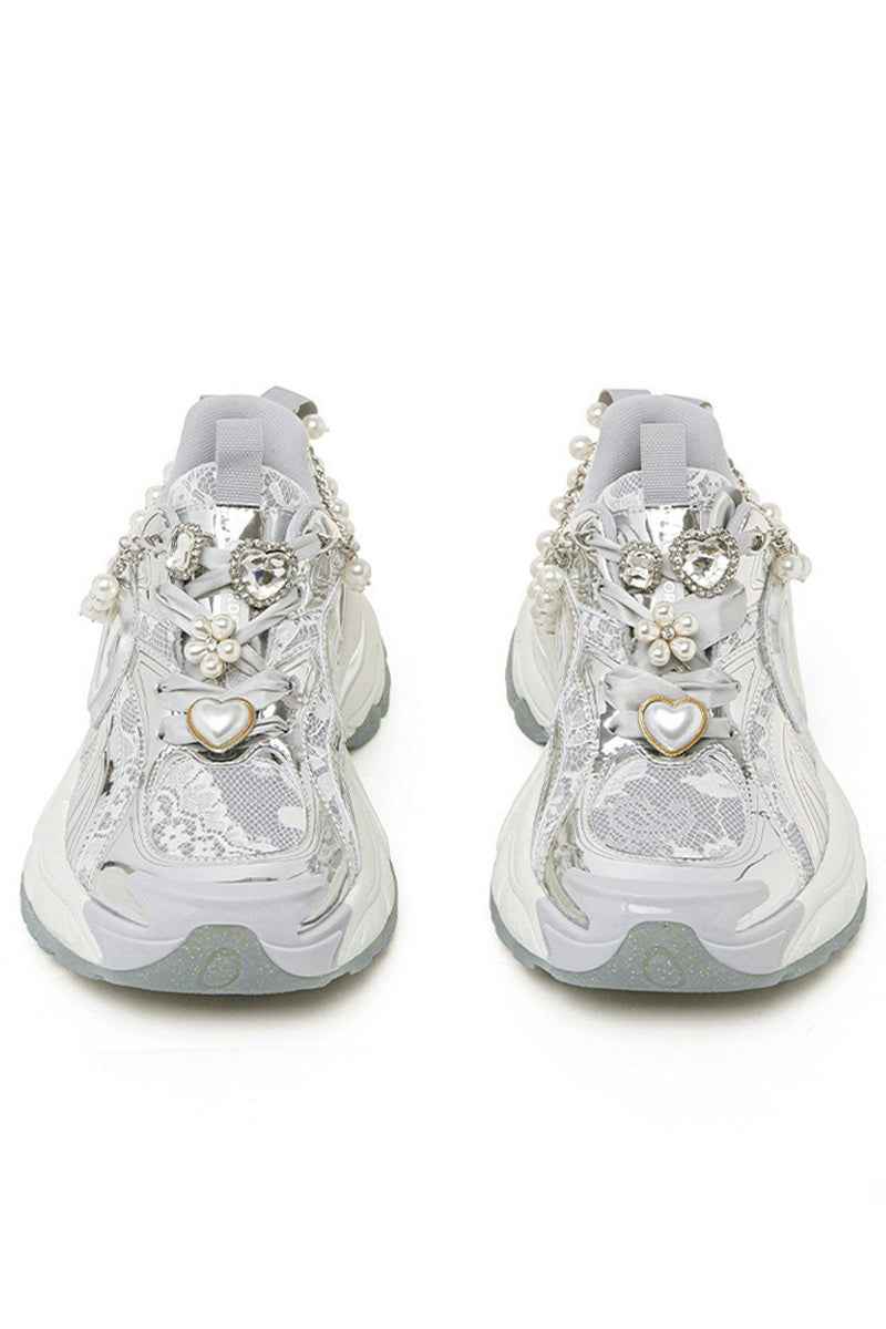 Pearl Decorated Metallic Chunky Sneakers Silver White