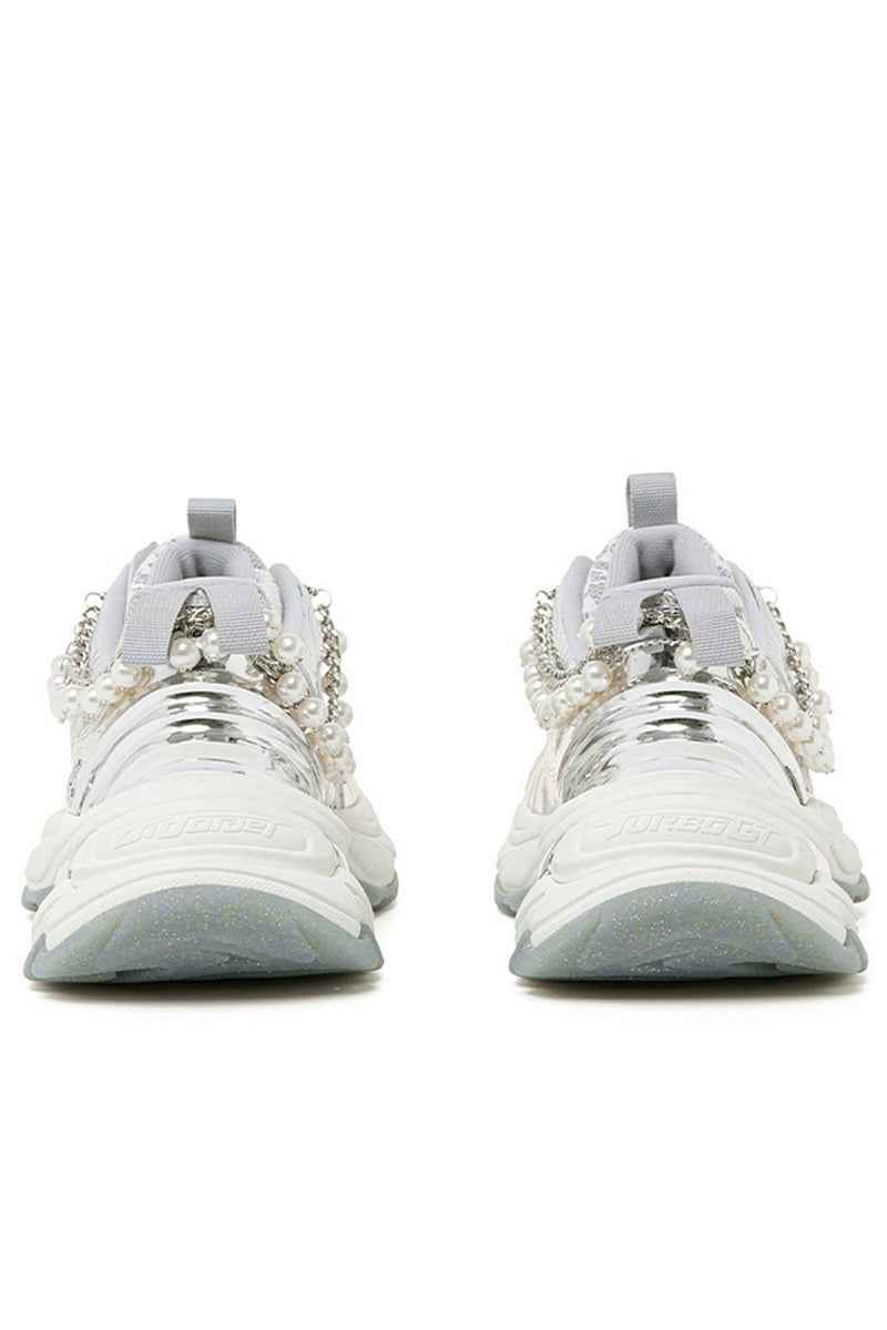 Pearl Decorated Metallic Chunky Sneakers Silver White