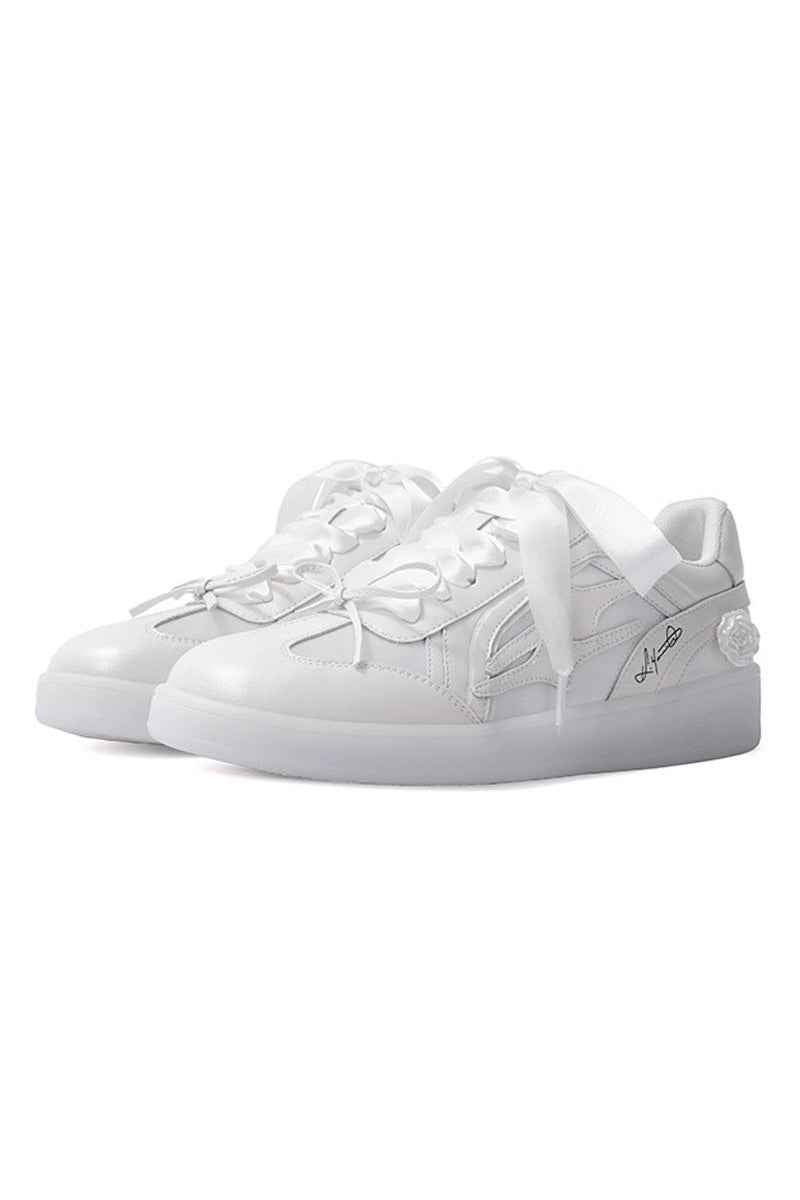 All White Low-Top Sneakers with Satin Laces