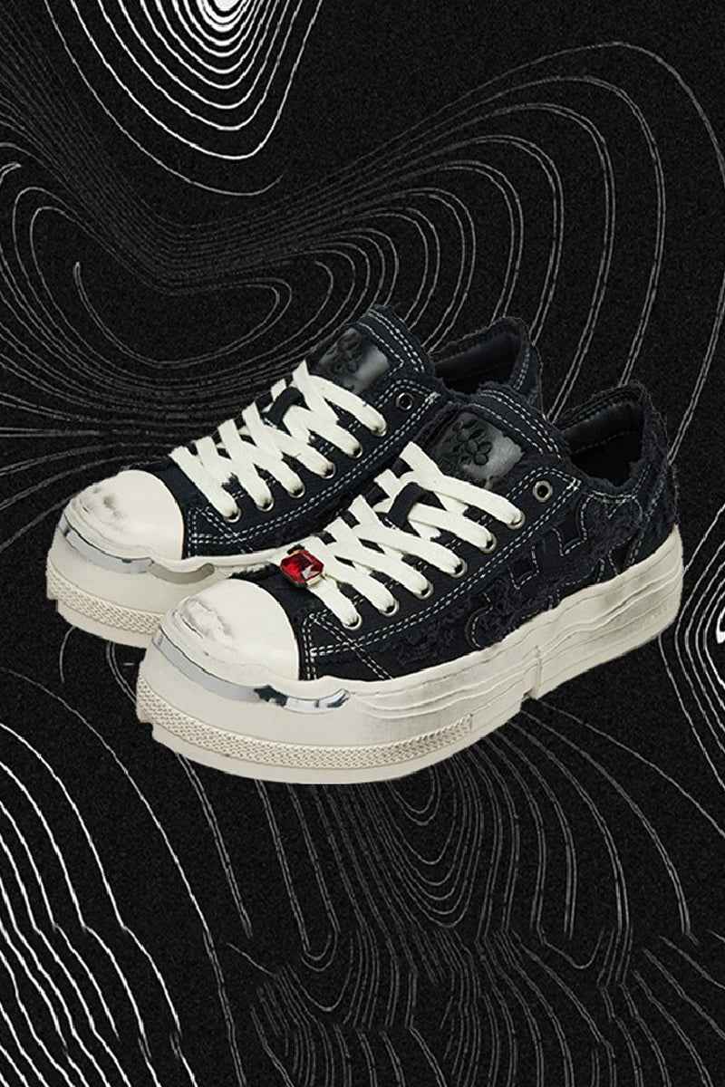 Pattern Canvas Sneakers Black White with Chrome Toe Cap