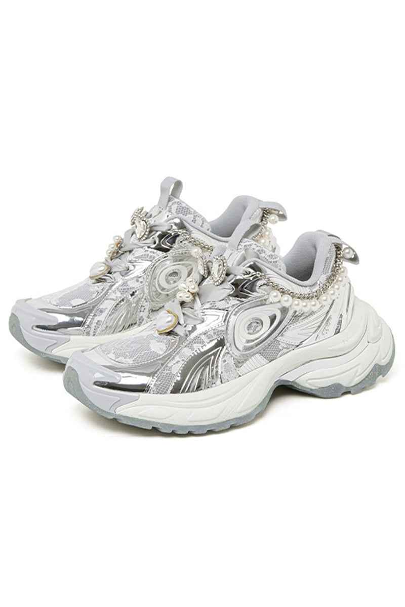 Pearl Decorated Metallic Chunky Sneakers Silver White