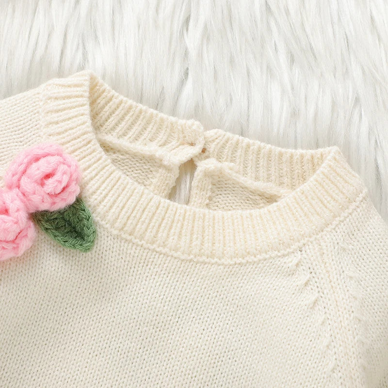 Newborn Baby Girl Long Sleeve Knit Bodysuit with 3D Floral Hat – 2pc Outfit Set Trendha