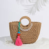 Handwoven Rattan Beach Handbag with Acrylic Chain Nyzzle