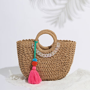 Handwoven Rattan Beach Handbag with Acrylic Chain Nyzzle