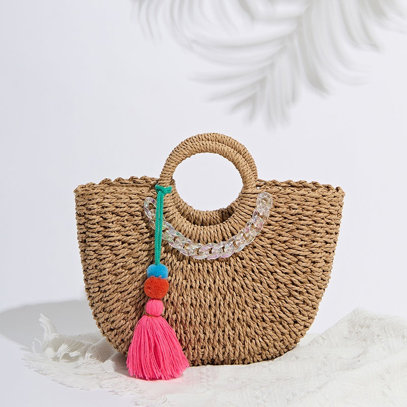 Handwoven Rattan Beach Handbag with Acrylic Chain Nyzzle