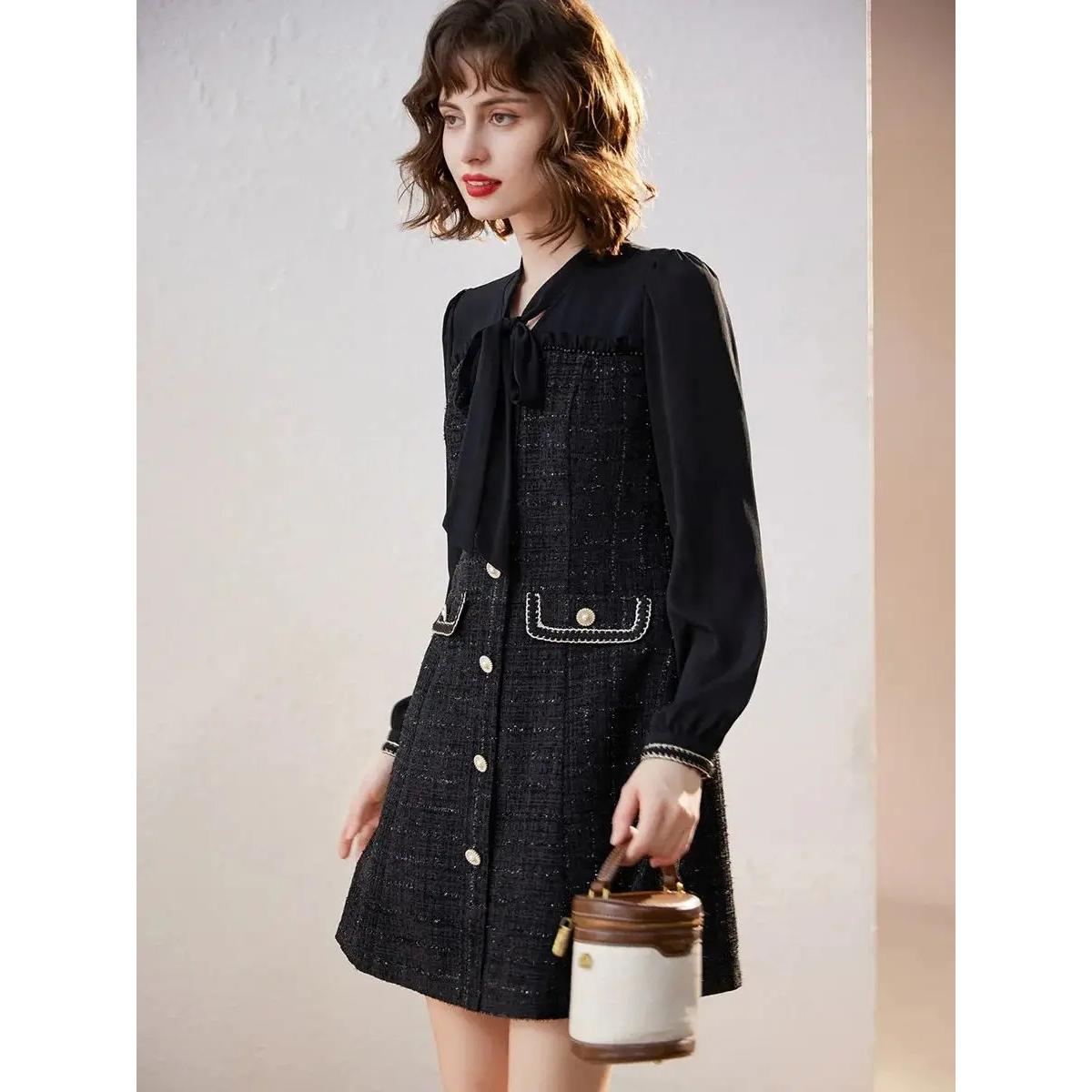 Elegant Bow Lace-up Long Sleeve V-Neck A-Line Dress Nyzzle