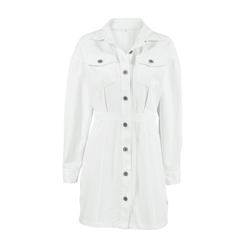 French Commuter White Unifrom Dress Autumn And Winter Imitation Denim Cotton Professional Waist A- Line Skirt Women's Clothing Nyzzle