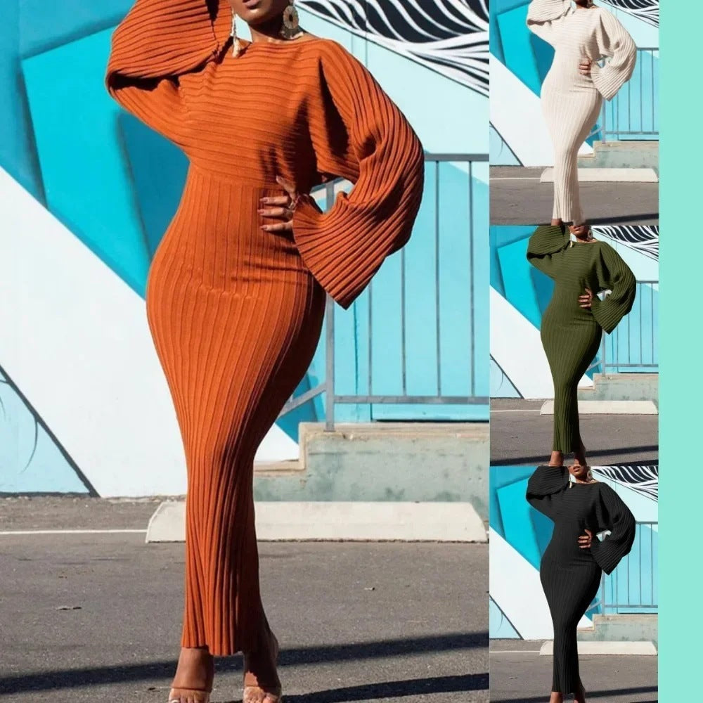 European And American Winter Long Sleeve Solid Color Rib Fabric Sheath Dress Nyzzle