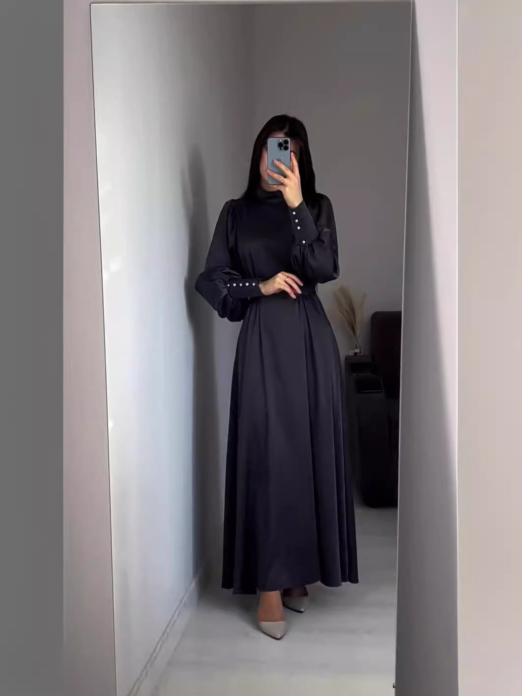 Waist Solid Color Long Sleeve Slim Fit Belt Retro Dress Nyzzle