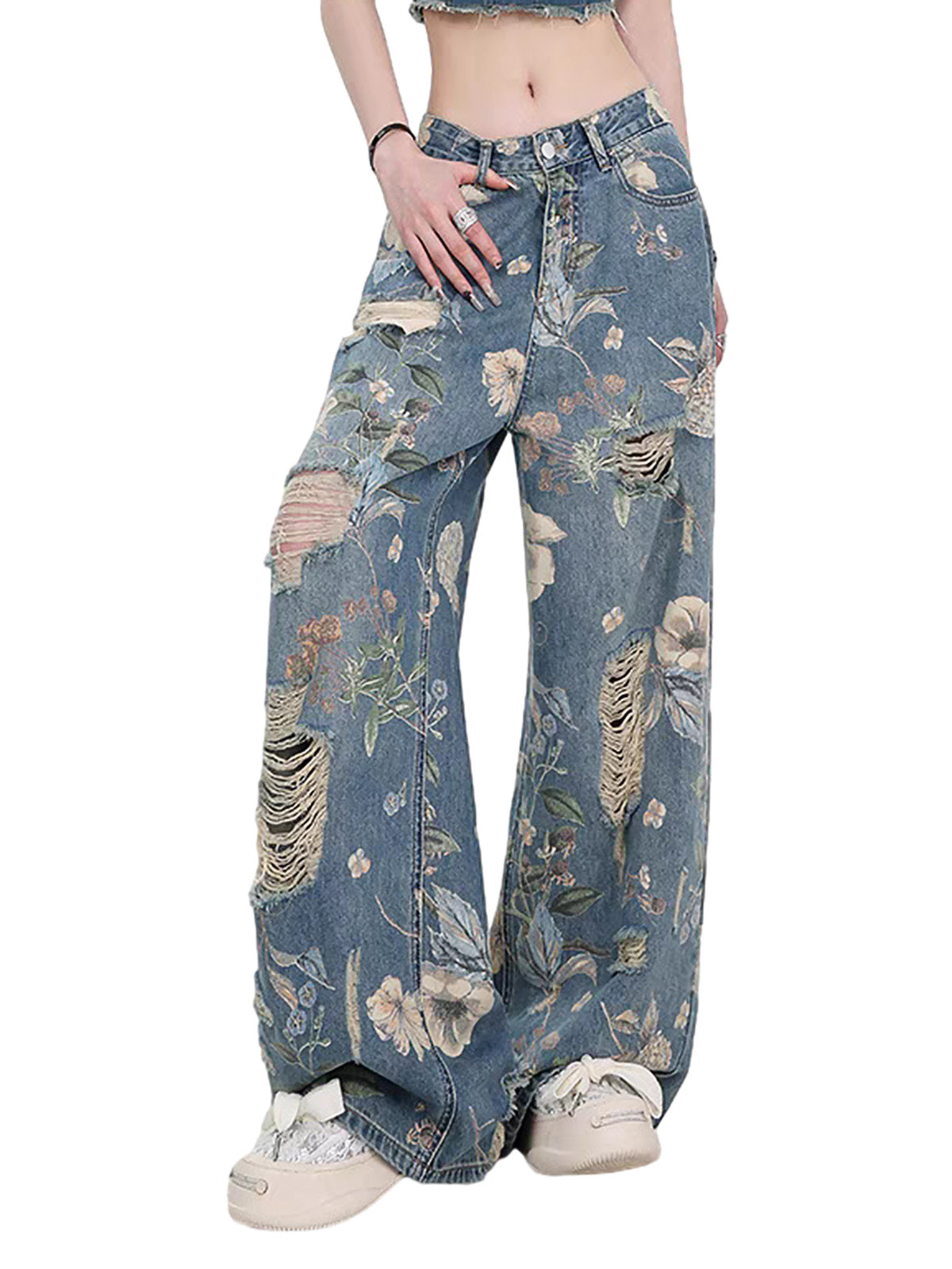 Vintage Washed Distressed Floral Ripped Baggy Jeans - Goatlv