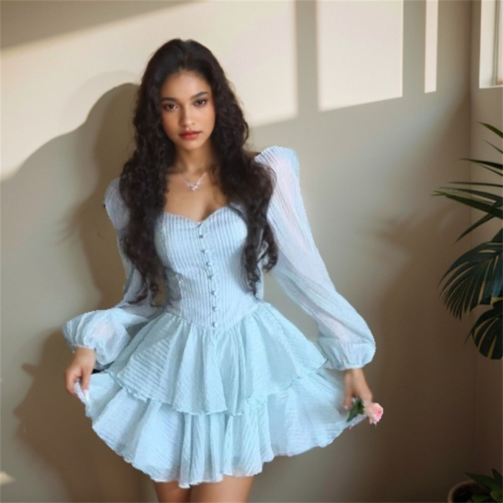 Solid Color Puff Sleeve Slim Chiffon French Cake Dress Nyzzle