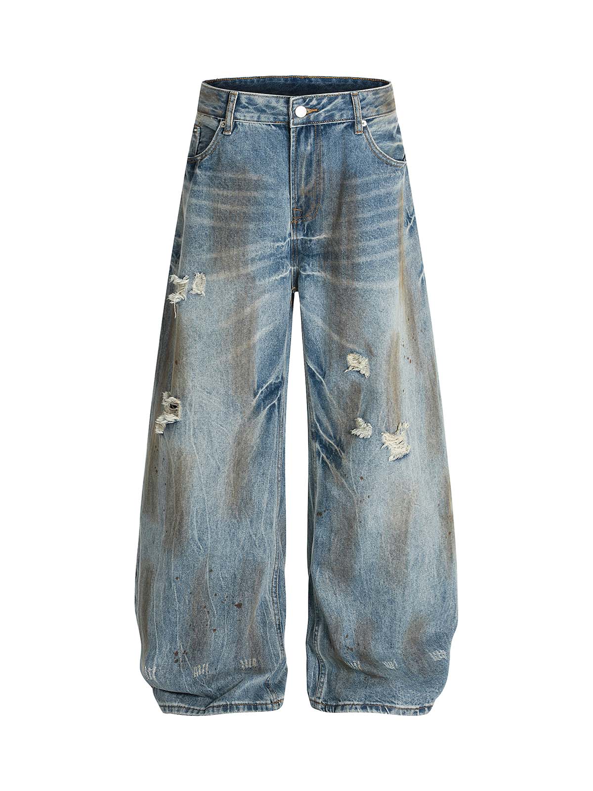 Washed Distressed Ripped Barrel Jeans - Goatlv