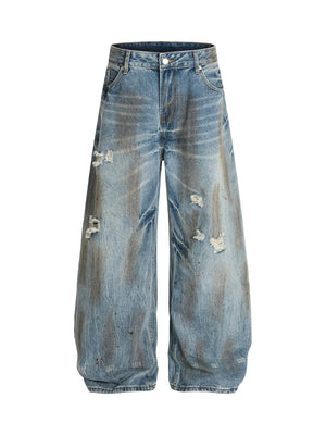 Washed Distressed Ripped Barrel Jeans - Goatlv