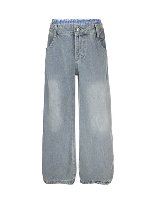 Plaid Double Waist Baggy Jeans - Goatlv