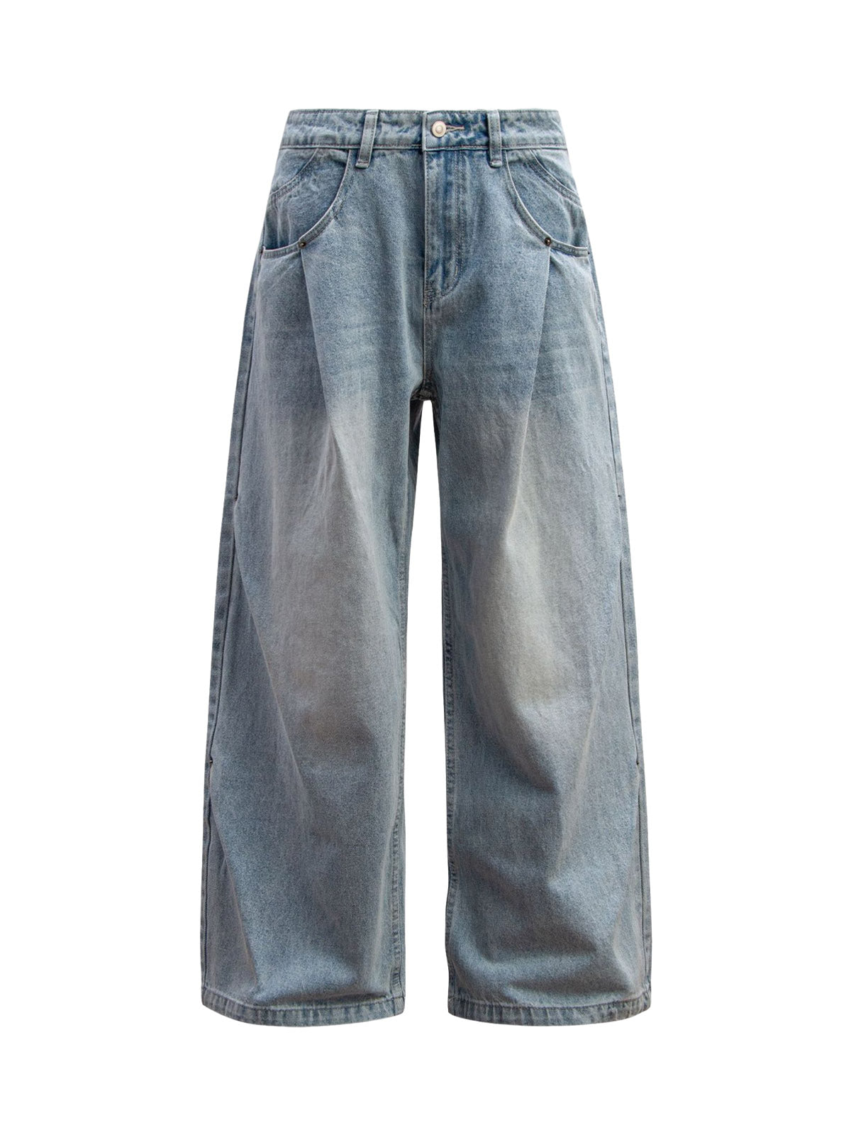 Washed Distressed Double Pleat Jeans - Goatlv