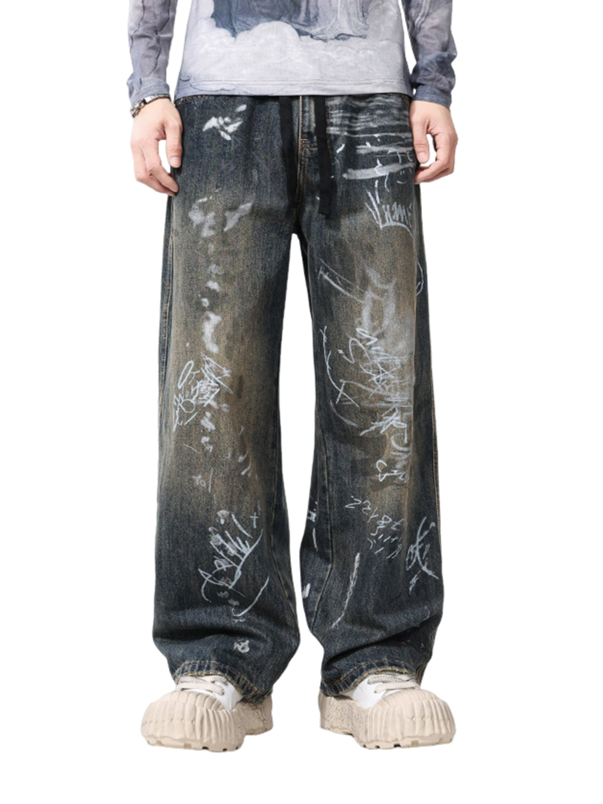 Print Hand-Painted Graffiti Drawstring Baggy Jeans - Goatlv