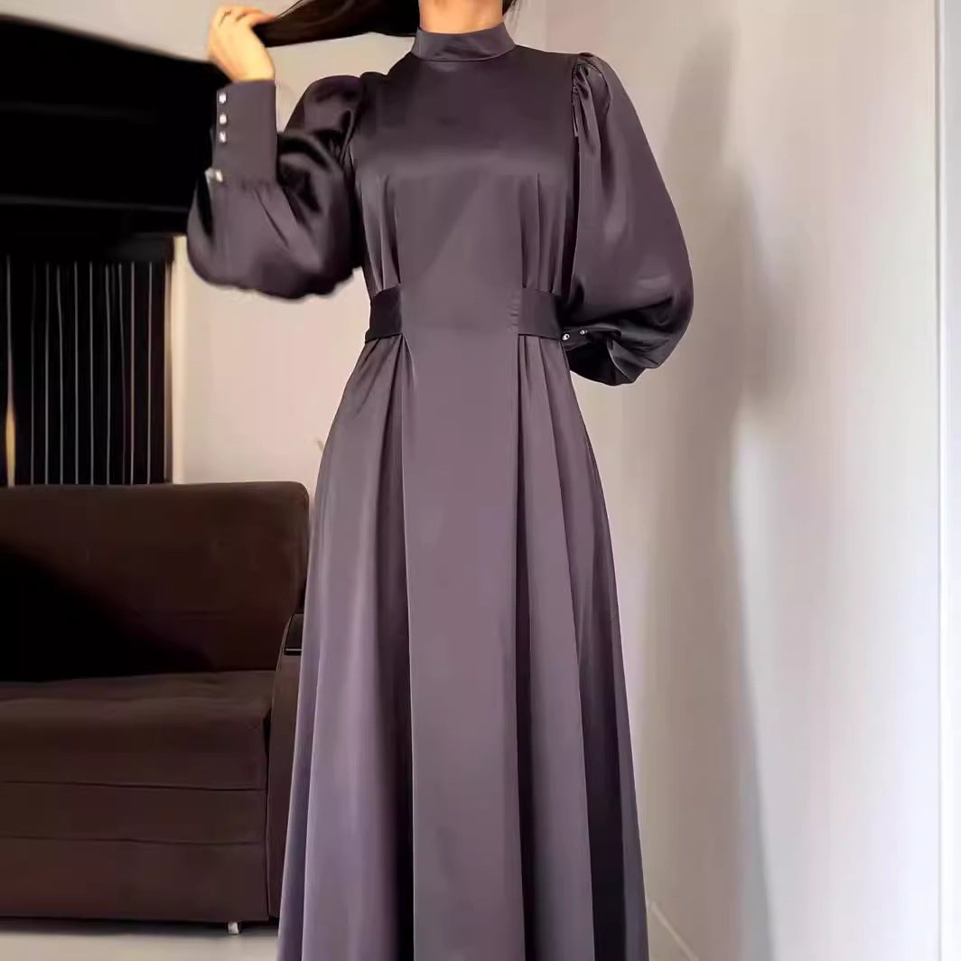 Waist Solid Color Long Sleeve Slim Fit Belt Retro Dress Nyzzle
