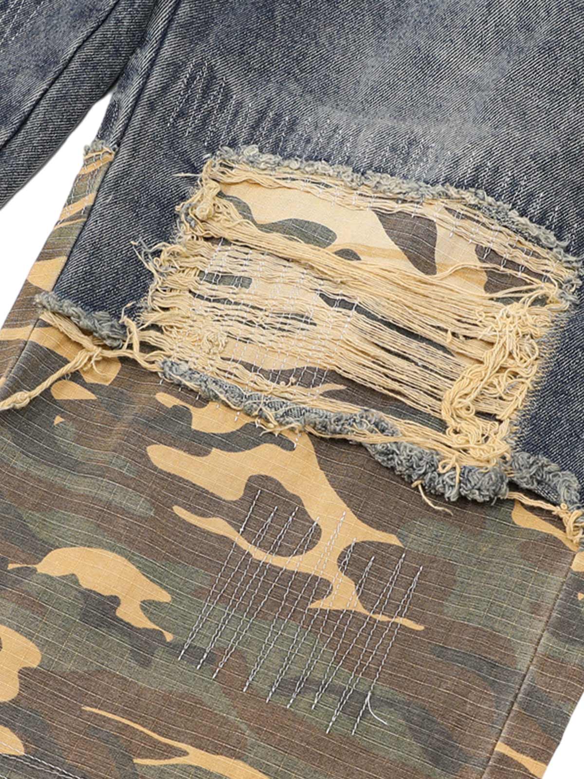 Distressed Camouflage Patchwork Jeans - Goatlv