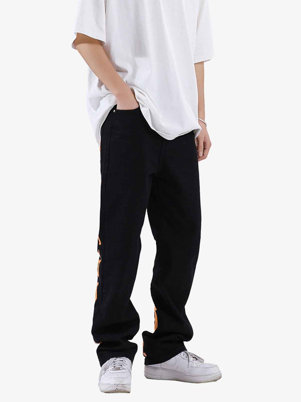 Goatlv Burning Text Embroidered Letters Jeans -1478