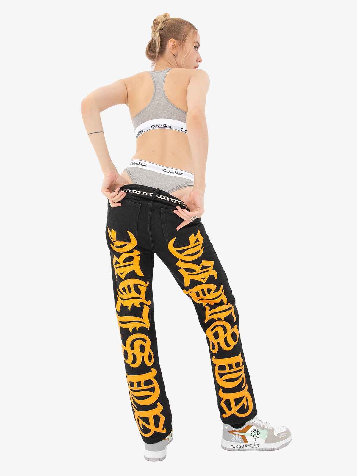 Goatlv Burning Text Embroidered Letters Jeans -1478
