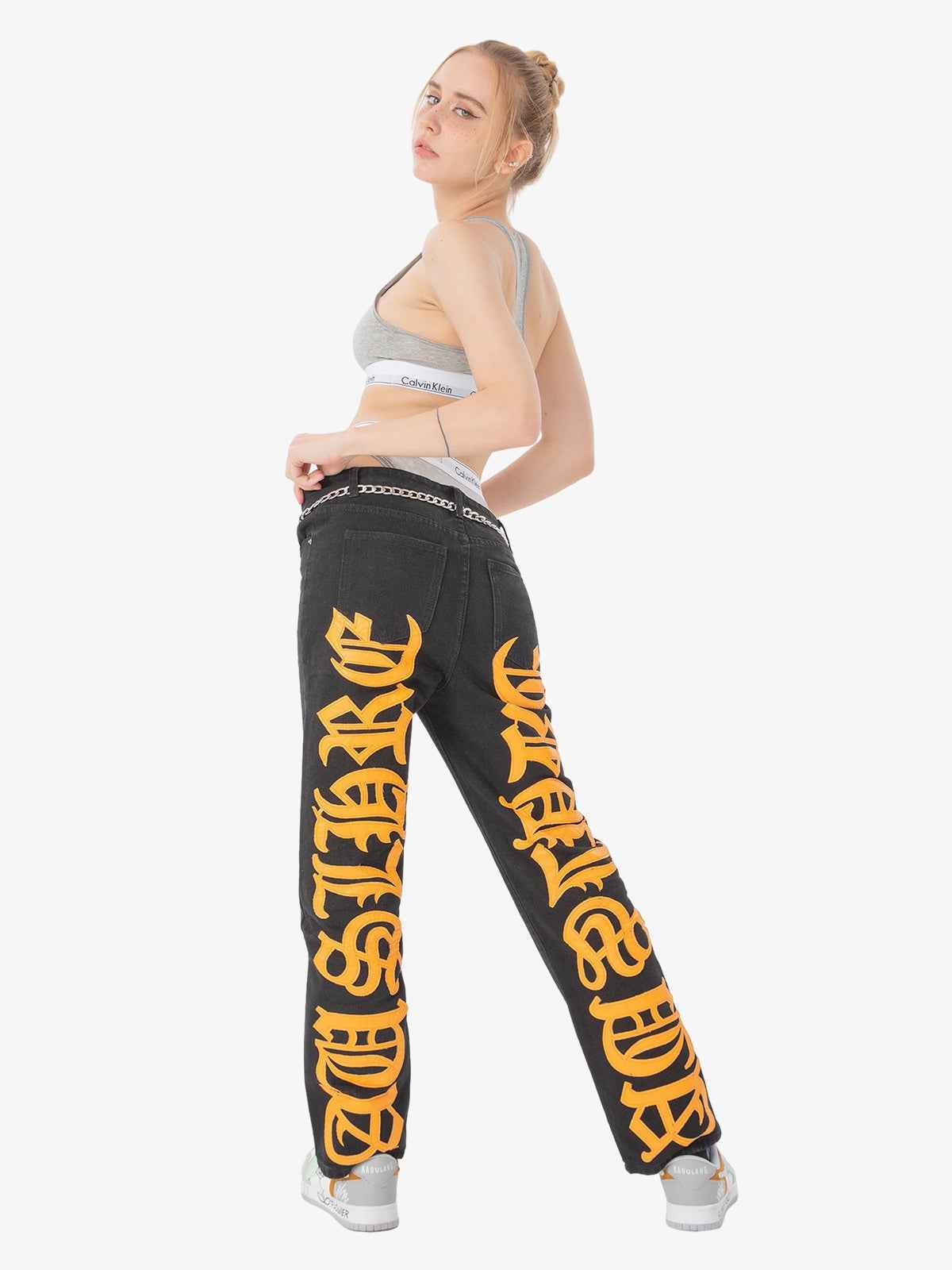 Goatlv Burning Text Embroidered Letters Jeans -1478