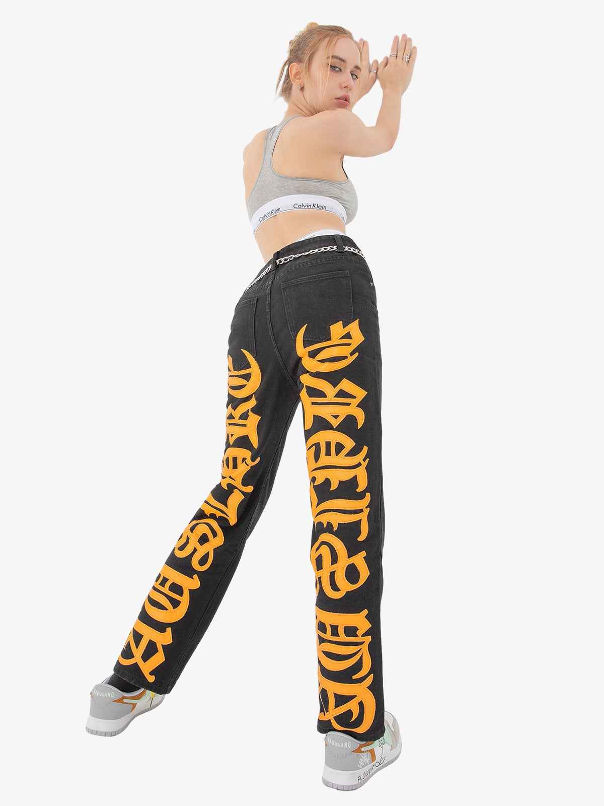 Goatlv Burning Text Embroidered Letters Jeans -1478