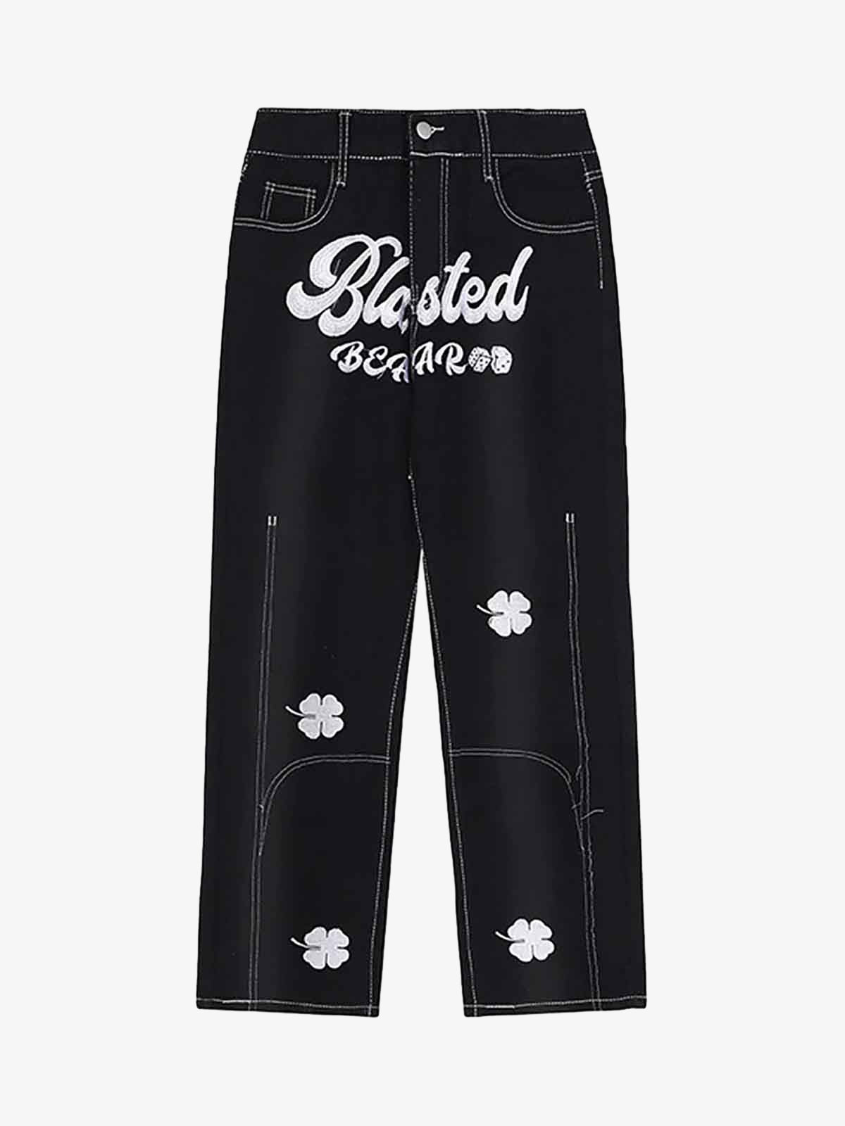 Goatlv Letter Lucky Clover Embroidered Baggy Jeans - 1162 - Goatlv