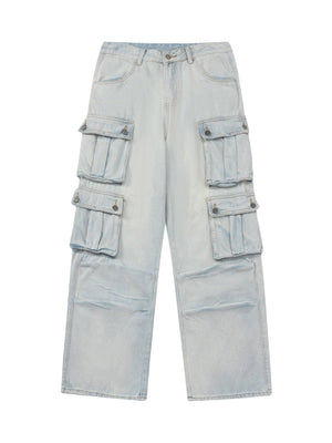 Sneakerhill Vintage Washed Multi-pocket Work Jeans SP230922G12O