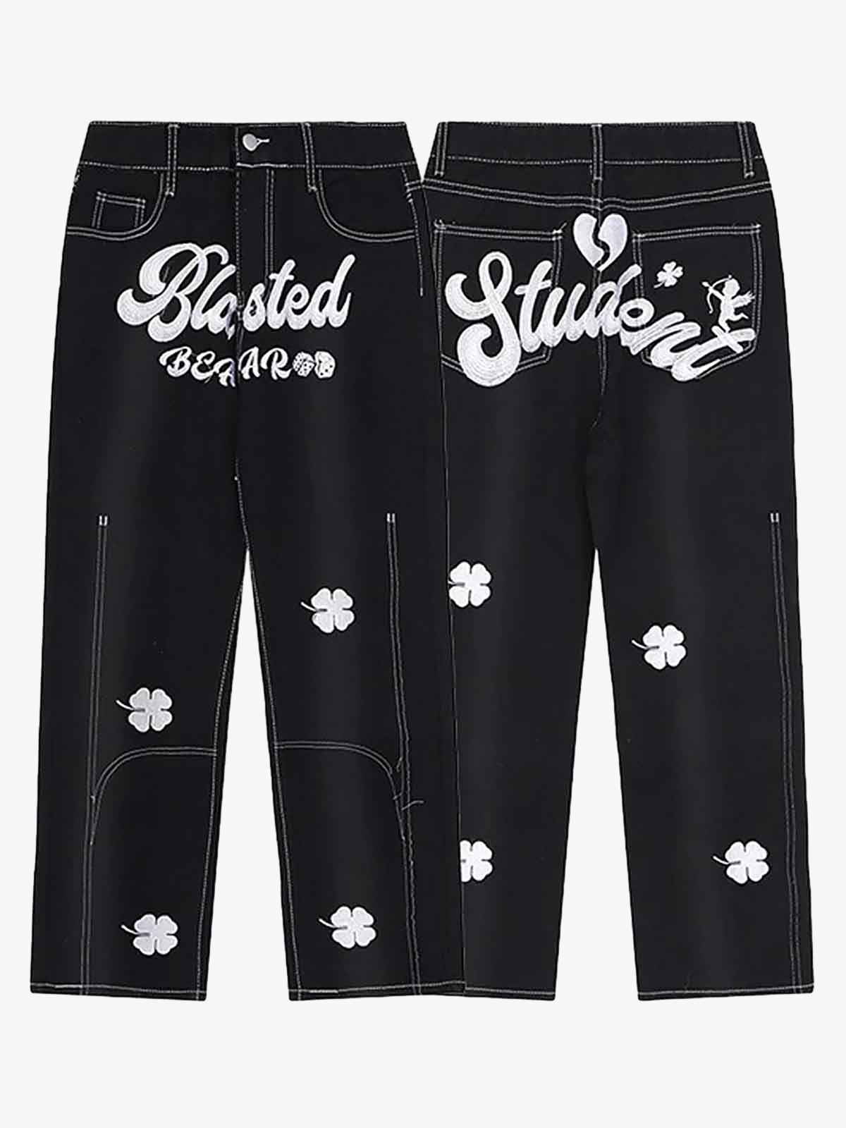 Goatlv Letter Lucky Clover Embroidered Baggy Jeans - 1162 - Goatlv
