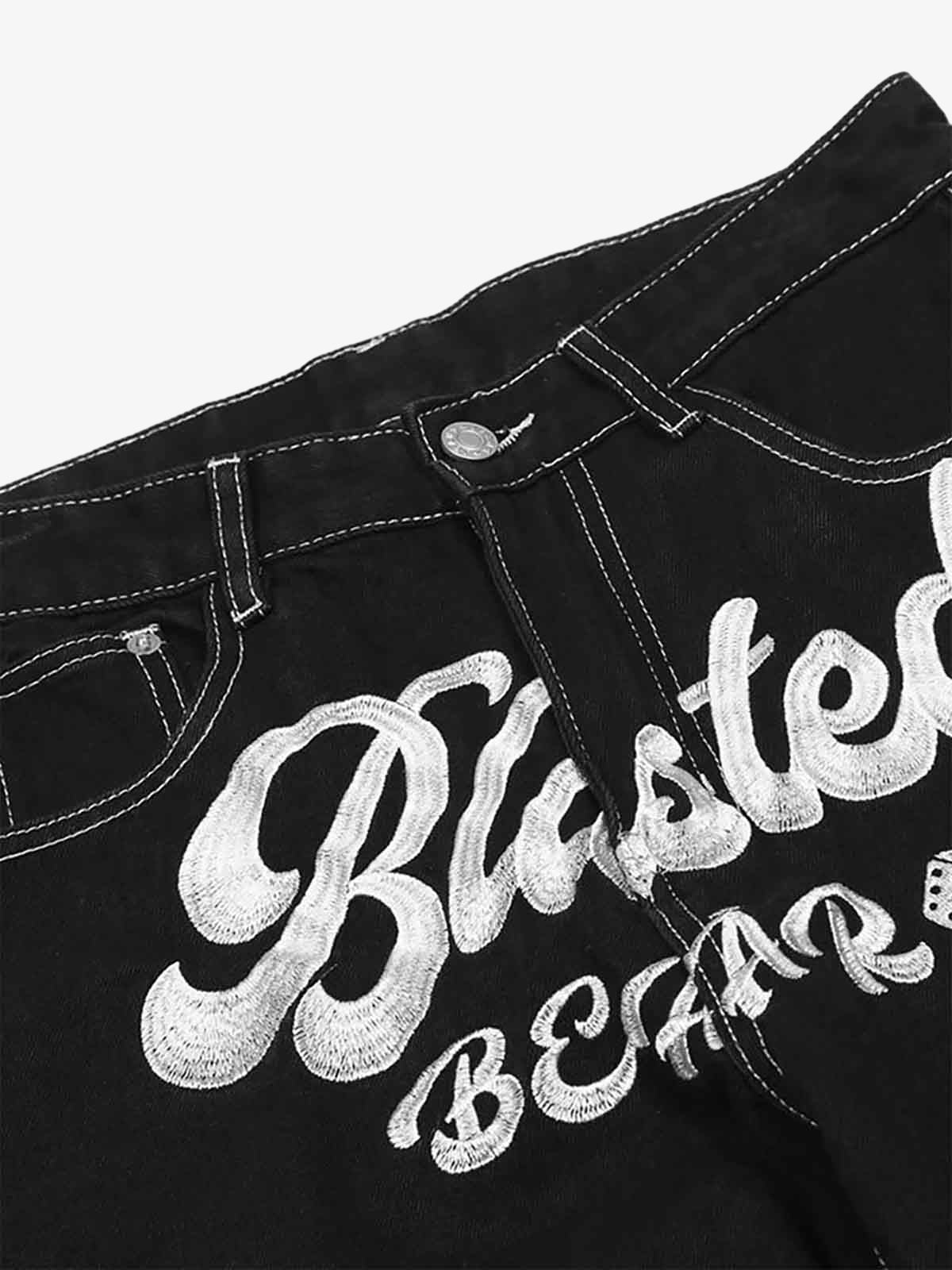 Goatlv Letter Lucky Clover Embroidered Baggy Jeans - 1162 - Goatlv