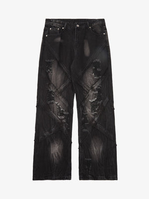 Goatlv Heavy Washed Ripped Plaid Stitching Hip-Hop Jeans - 2174 - Goatlv